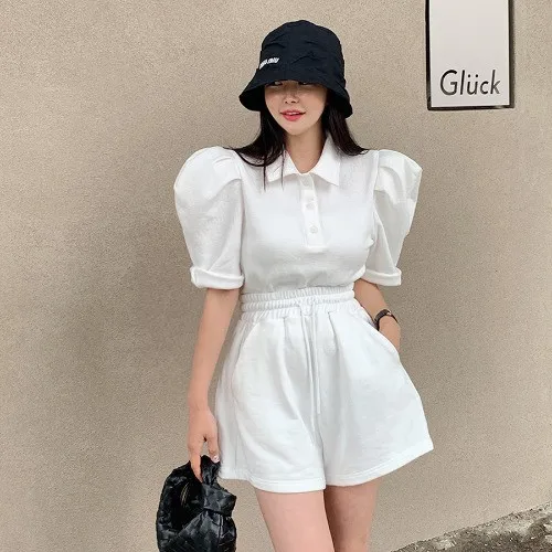 

South Korea ins summer bubble short sleeve lapel T-shirt women + sports high waist wide leg shorts fashion two sets of women