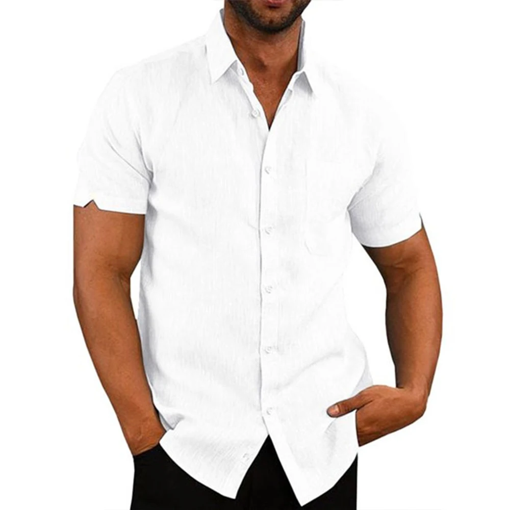 Cotton Line Men's Short-Sleeved Shirts Summer Solid Color Turn-down collar Casual Beach Style Plus Size Cotton Shirt Men Casual Shirt