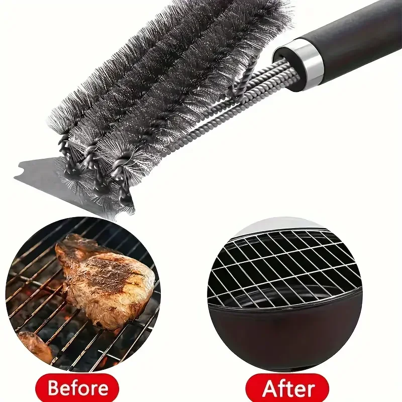Grill brush 1 piece professional three-end barbecue brush with spatula stainless steel bristles long handle