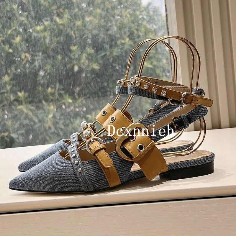 New Pointed needle buckle fashionable sandals women's flat bottomed bow sandals summer versatile party dress shoes women's 2024