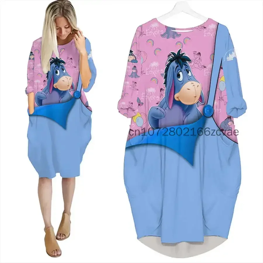 

2024 New Eeyore Women's Batwing Pocket Dress 3D Printed Disney Stitch Oversize Fashion Street Dress Long Sleeve Sleeping Dress