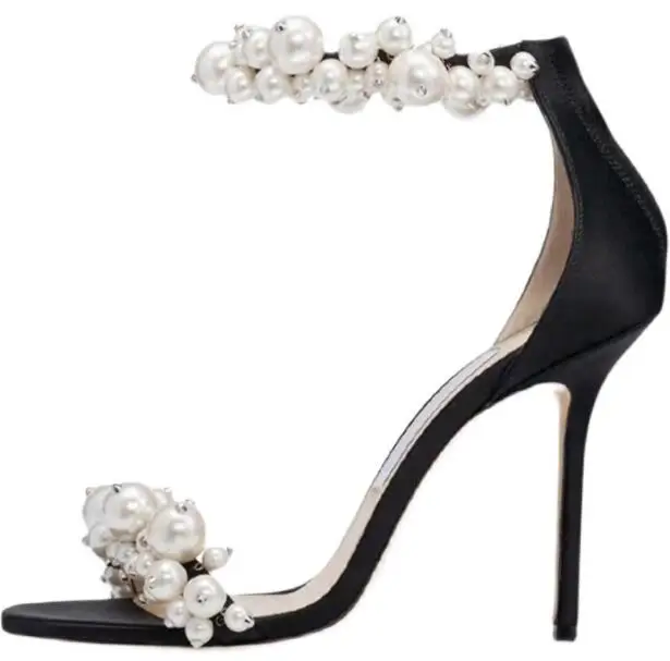 

Женские босоножки с жемчугом, белые, черные босоножки на молнии сзади, летние босоножки, женская обувь на шпильке 8, 10 см с открытым носком для свадебной вечеринки