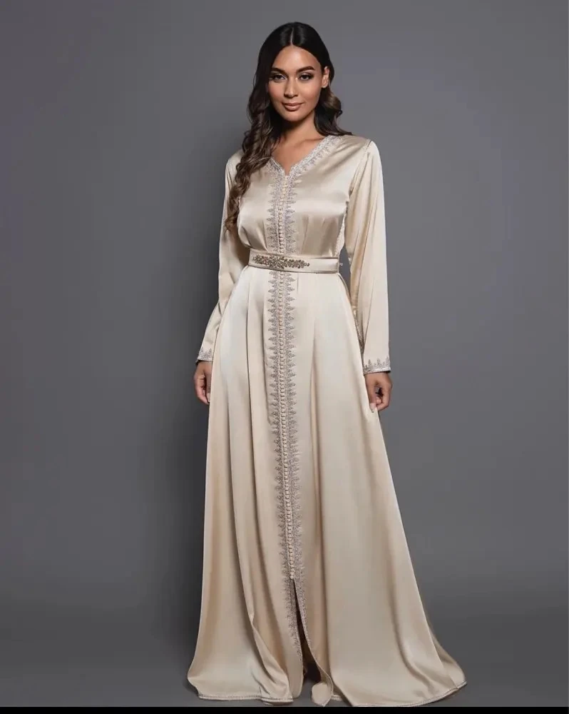 

Champagne Satin V-Neck Moroccan Caftan Evening Gowns A-Line Long Sleeves Formal Occasion Dresses Dubai Prom Dress For Women