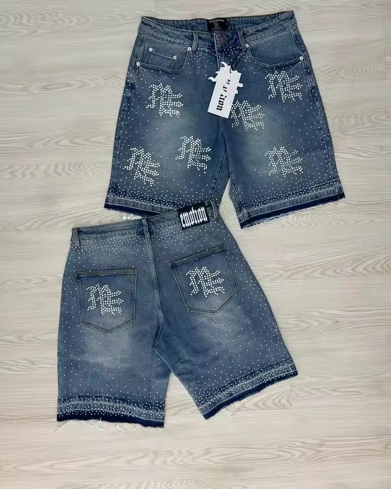 Streetwear Mens Vintage Rhinestone Sequin Denim Shorts Y2K Jeans Hip Hop Baggy Denim Gym Shorts Casual Basketball