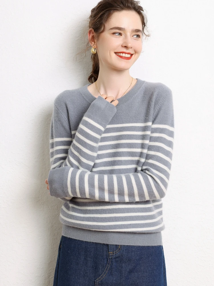 

Women Cashmere Sweater For Spring and Autumn O-neck Casual Pullover 100% Cashmere Stripped Knitwear Jumpers Korean Popular Tops