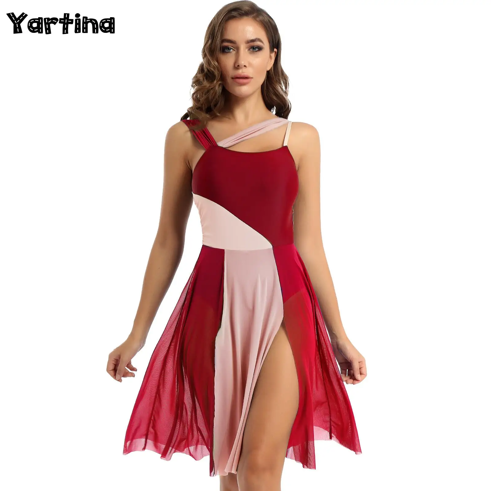 

Womens Gymnatics Ballet Lyrical Dance Dress Mesh Shoulder Straps Leotard Tight Jumpsuit Lyrical Modern Contemporary Dance Dress