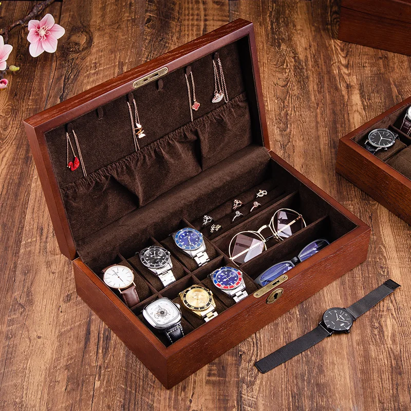 Multi-functional Wooden Men's Jewelry Box With Lock Watch And Sunglasses Box Organizer For Men Women Father's Day Gift