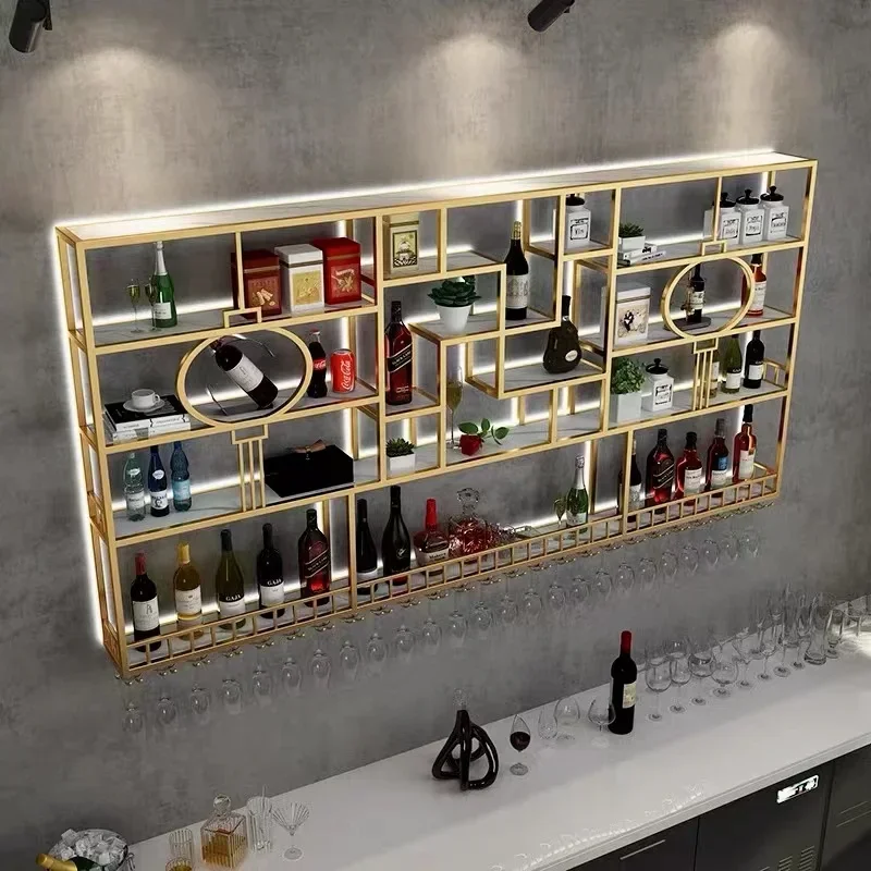 Luxury Storage Bar Cabinet Wall Mounted Illuminated Ironwork Commercial Wine Rack Creative Mueble Bar Gold Furniture