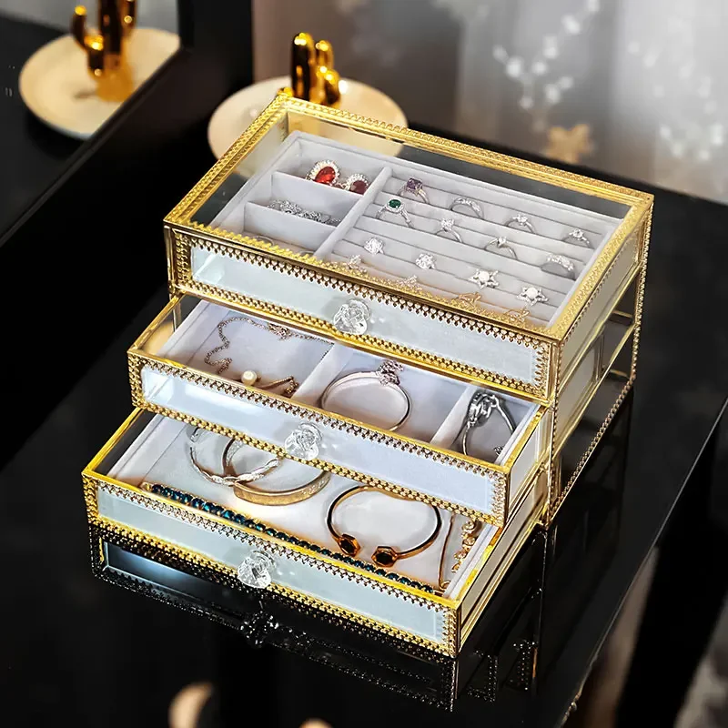 Description Picture 3 of itemCopper Glass Jewelry Storage Box Multi-layer Earrings Ring Necklace European Style Dust-proof