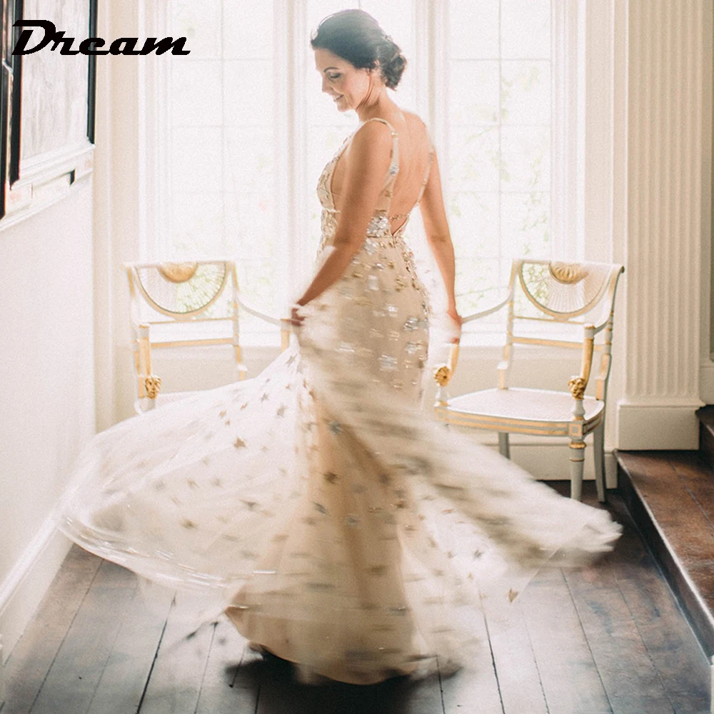 

DREAM Stars Tulle Deep V Neck Sleeveless Wedding Dress For Women Open Back A Line Sweep Train Bridal Gowns