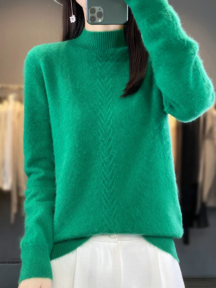 

High-quality Autumn Winter Women Sweater Mock Neck Long Sleeve 100% Merino Wool Pullover Casual Cashmere Knitwear Korean Style