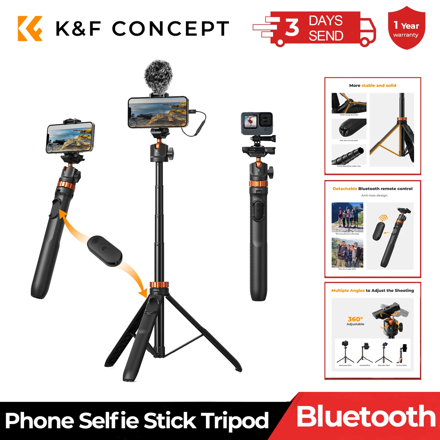 K&F Concept Tripod Phone Selfie Stick and Bluetooth Remote