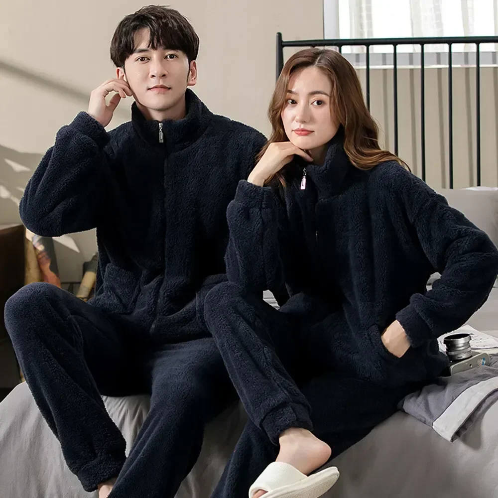 

Pijama Pajama Casual Flannel Collar Sleepwear Warm Winter Fashion for High Pajamas Thicken Hombre Solid Couples Men Sets Zipper