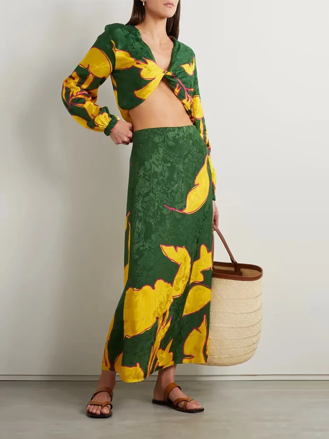 Tropical Printed Midi Bikini Set Green Print Resort Skirt Tailored Jacquard Crop Top And Maxi Skirt Suit Women's Split Bikini