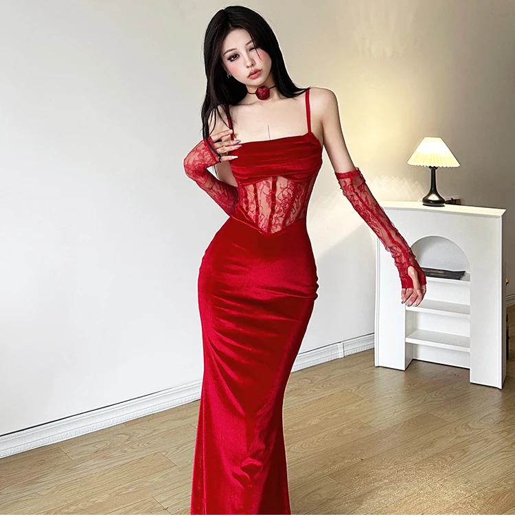 Sexy Bodycon Velvet Dresses for Women Spaghetti Strap Corset Slim Waist Slit Evening Party Dress Prom Robe Christmas Vestidos