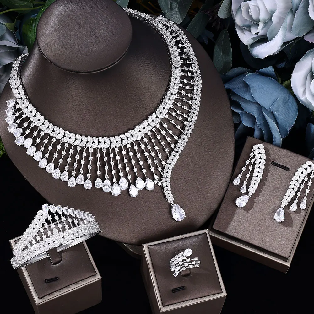 

Arabic Dubai Luxury CZ Wedding Jewelry 4PCS Set for Women 3A Cubic Zirconia Bridal Party Accessories Banquet Anniversary Gift