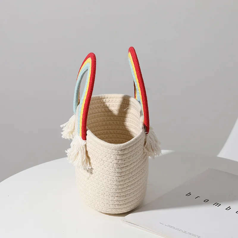 Lovely Rainbow Cloud Handbag Handmade Cotton Woven Bags Seaside Holiday Beach Bag Straw Weave Bag Kids Girls Fashion Accessories 4