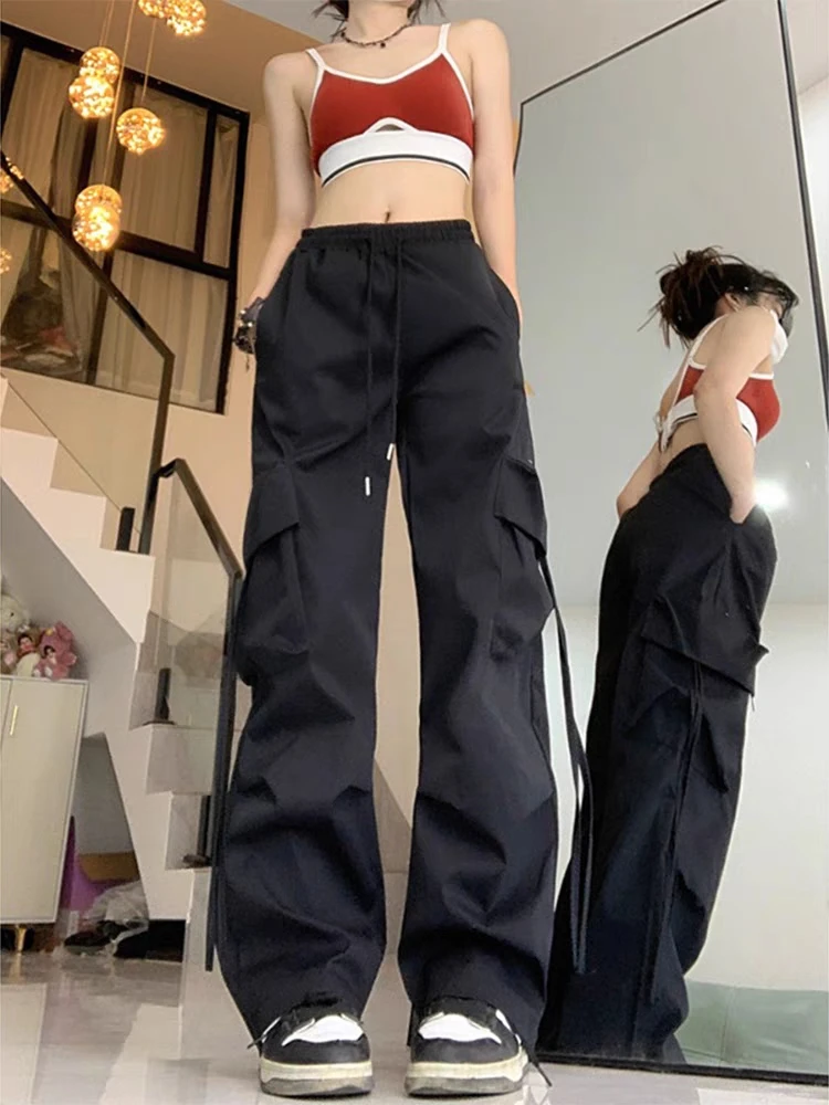 

Брюки-карго женские с большими карманами, трендовые винтажные однотонные повседневные штаны с завышенной талией и широкими штанинами, лето 2023