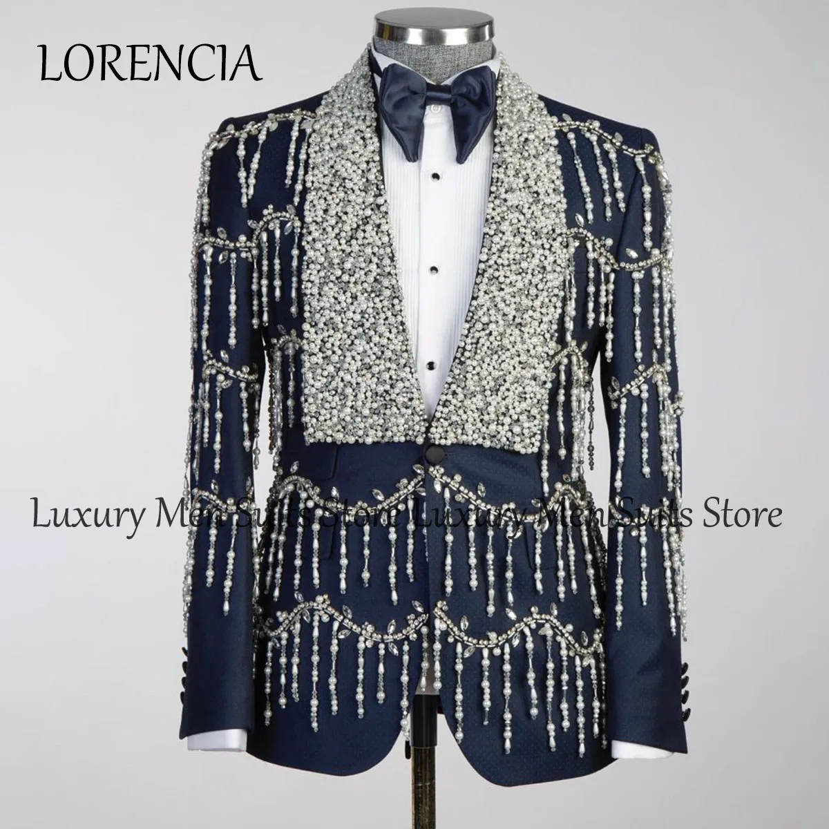 Customized Crystal Men Suits 2 Pieces Sets Groom Wedding Tuxedos With Tassel Diamond Male Prom Blazers Terno Masculino Completo 3