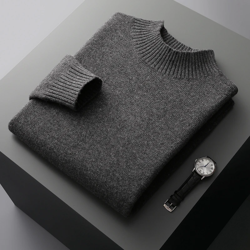 Winter Double Thick Men's Cashmere Sweater With Semi-High Neck High-End Warm Wool Knitted Bottoming Shirt 3