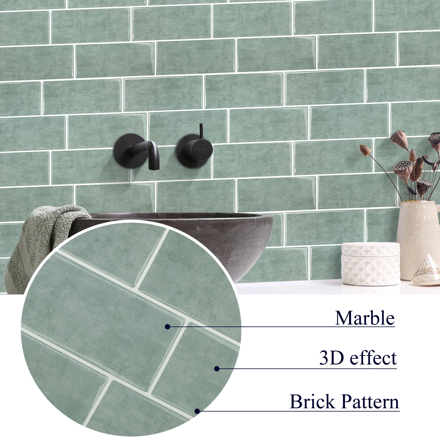 Vividtiles Green Marble Self-adhesive Wall Tiles Peel and Stick Premium Wall 3D Tiles Stick Kitchen Wall Art-10 Pieces Pack