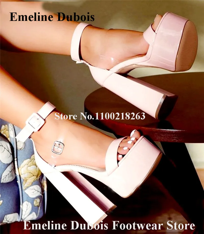 

Pink Chunky Heel Sandals Emeline Dubois Open Toe High Platform PVC Straps Buckles Thick Heel Party Shoes Sexy High Heels