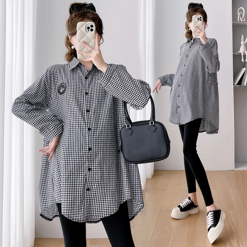 Korean Style Maternity Pants Suits Preppy Style Autumn Pregnancy Women's Clothes Set Vintage Plaid Shirts+Belly Pants Twinset