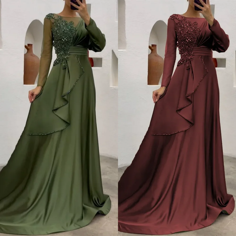 

Jiayigong High Quality Satin Draped Pleat Applique Clubbing A-line Boat Neck Bespoke Occasion Gown Long DressesEvening