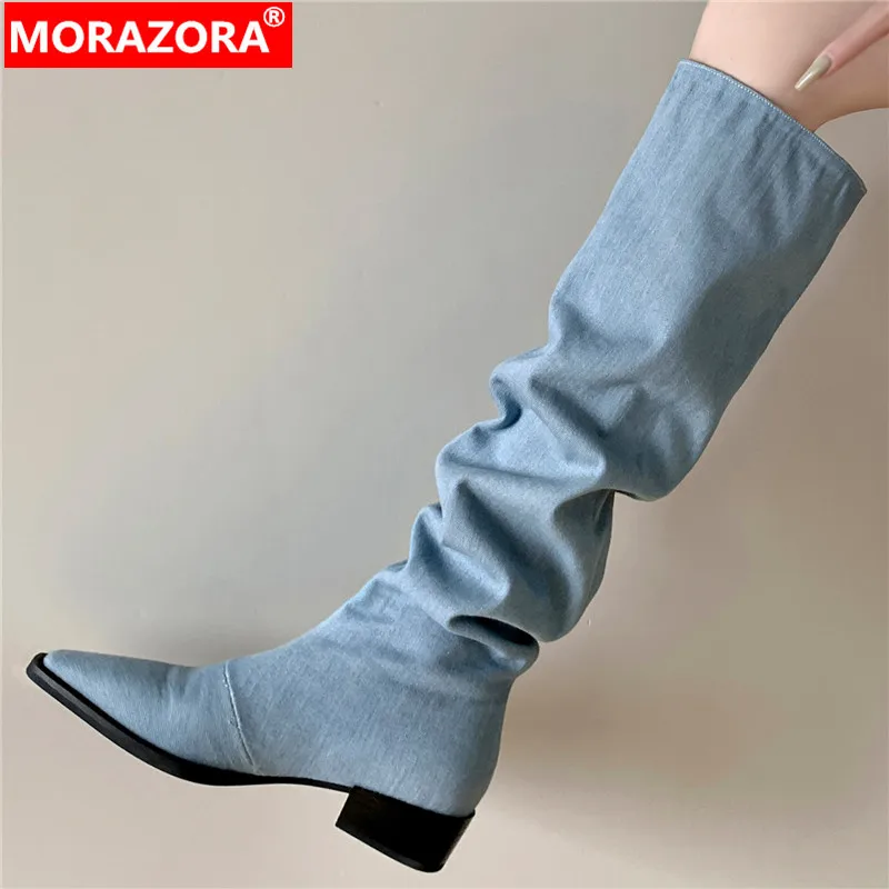 

Женские джинсовые ботфорты без застежки MORAZORA, черные джинсовые сапоги выше колена на среднем квадратном каблуке, новинка зимнего сезона 2024