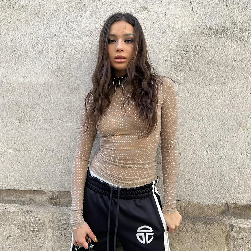 Glitter Sexy See-Through T-shirt Female Hollow Out Patchwork Long Sleeve Solid Sequin Pullover Top Women Sparkle Slim Tee