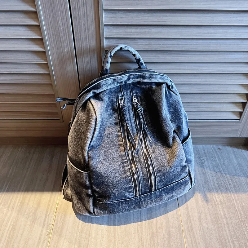 Women's Fashion Washed Retro Student Denim Backpack 2024 New Wilderness Style Washed Denim Backpack Retro Distressed Handbag