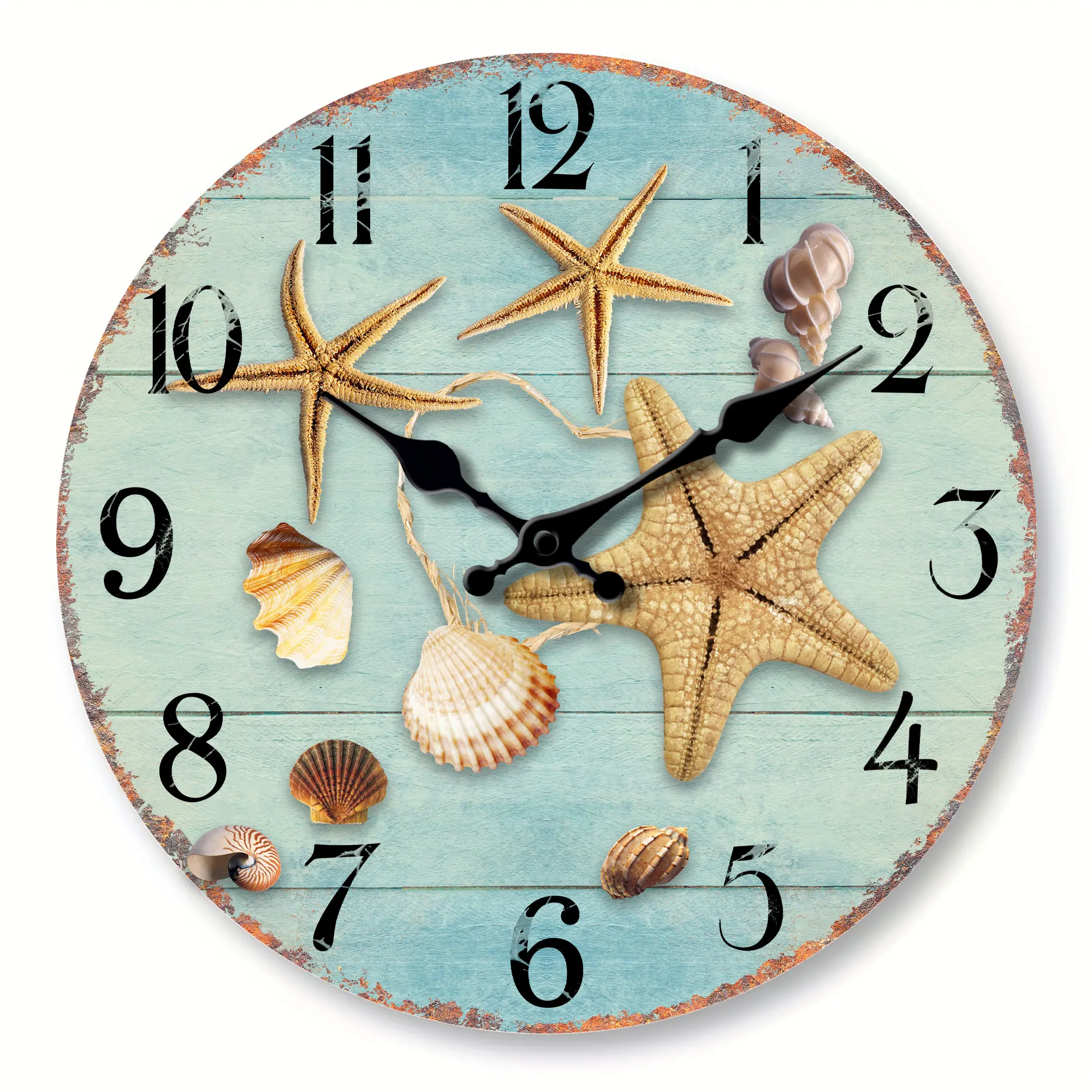 トロピカルサマービーチ木製ウォールクロック、レトロブルーウッドプランク、ヒトデとコーチシェルデザインの背景、1個