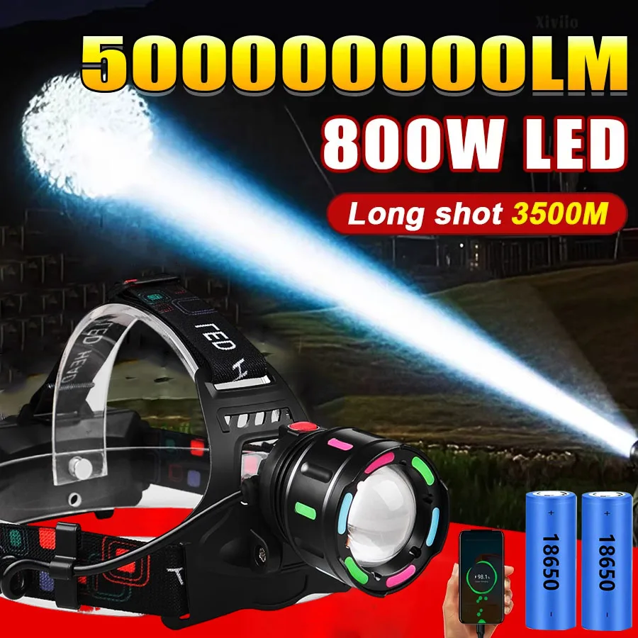 Lampe frontale laser blanche étanche USB rechargeable zoomable pour pêche en rivière et camping