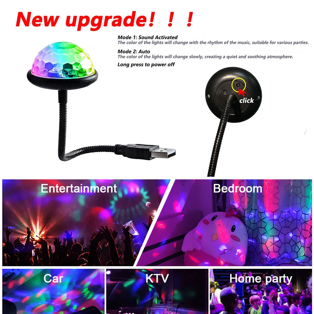 Mini Disco Ball Lights USB RGB Dj Lighting Sound Party Auto Multi Color Car Atmosphere Light Room Decorations Lamp Strobe Light