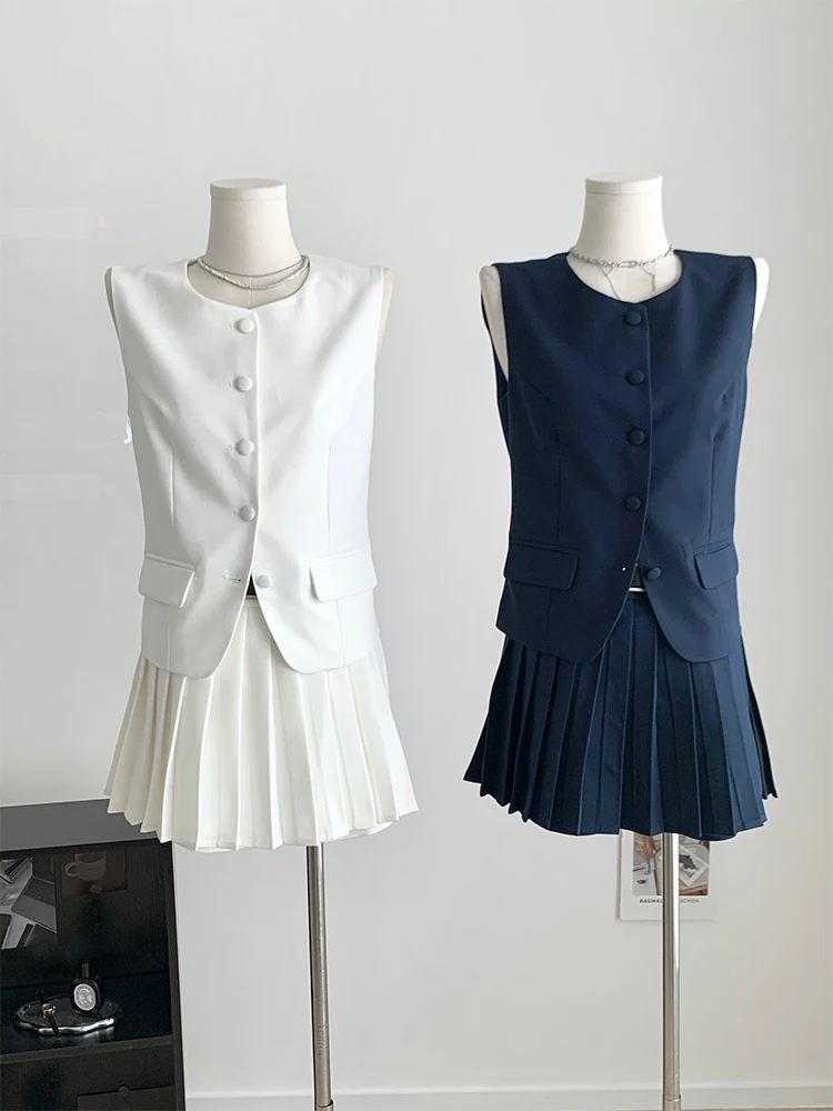 

ZOCI Women Elegant Vintage Fashion Solid Color Outfits 2 Piece Skirt Set Sleeveless Single-breasted Tops + Mini Pleated Skirts