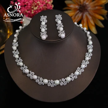 Elegant Shiny Cubic Zirconia Big Pearl Necklace Bridesmaid Gift Luxury Bridal Wedding Banquet Jewelry Set for Women Accessories