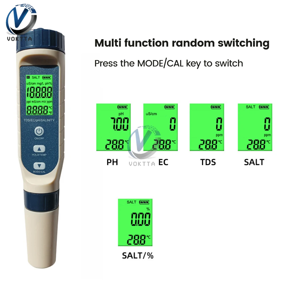 

5 в 1 тестер качества воды, Цифровой PH-тестер, PH/EC/TDS/соляная/температура, многофункциональный анализатор PH, ручка для определения качества воды