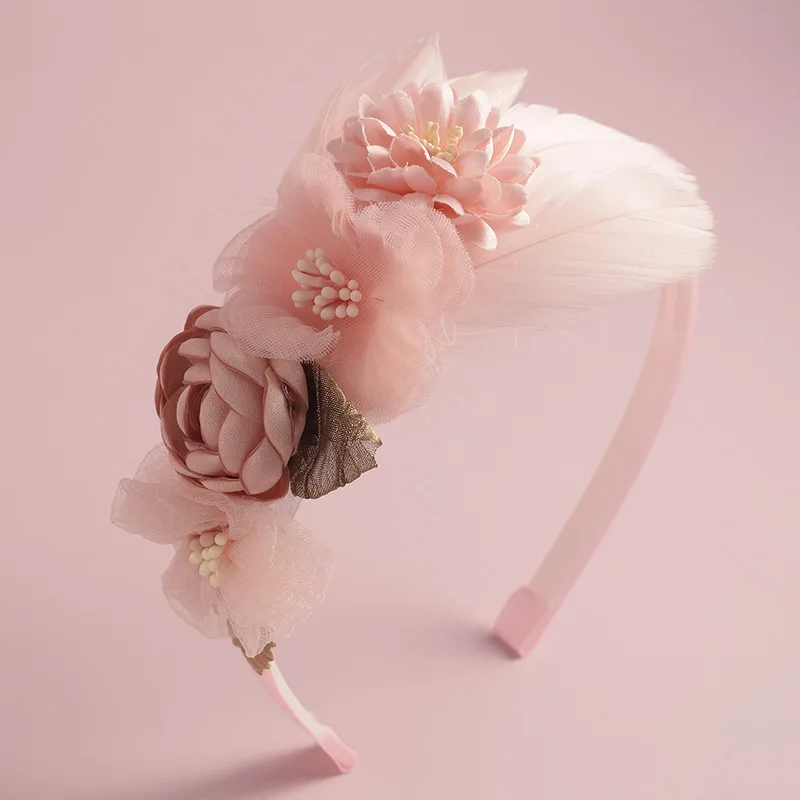 New Handmade Flower Girls Headbands Cute Pearl Feather Wedding Crown