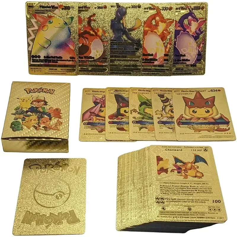

Покемон Золотая фотография Золотая Серебряная испанская/английская/французская игральная карта Charizard Vmax Gx Game Card Boy Gift