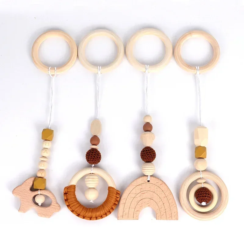 4PCS/Set Wood Teether Toddler Hanger Rattle Wood Ring Teething Toys For Newborn Baby Pram Toy Bebe Baby Play Gym Silicone Beads