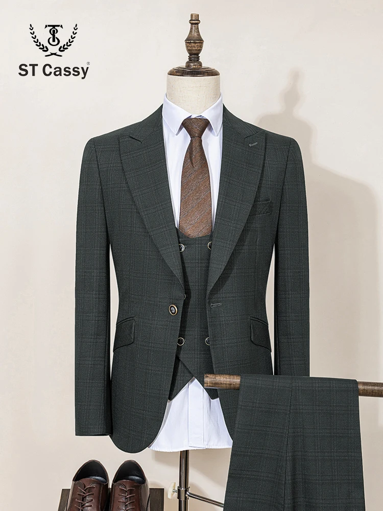 ST Cassy Green suit Formal Business Office Men's Suits Slim fit casual suit (jacket+Vest+Pants)