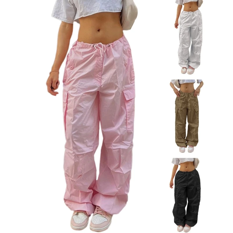 

Women Parachute Pants Y2k Drawstring Wide Leg Jogger Hip-Hops Parachute Trousers