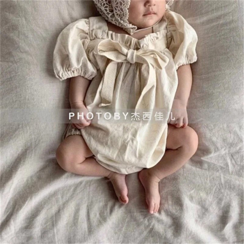 

Baby Girl Korean Style Summer Wear New Jumpsuit Baby Bow Puff Sleeve Sweet Square Collar Bottom-Covering Rompers