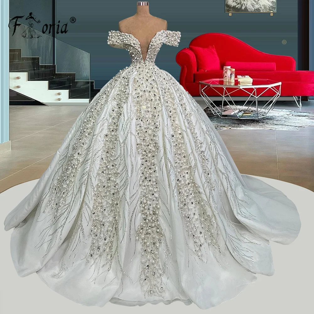 

Vestido De Novia Luxury Pearls Crystals Wedding Dress Dubai Arabia Ball Gown Off Shoulder Beaded Lace Bridal Gown Robe de mariee