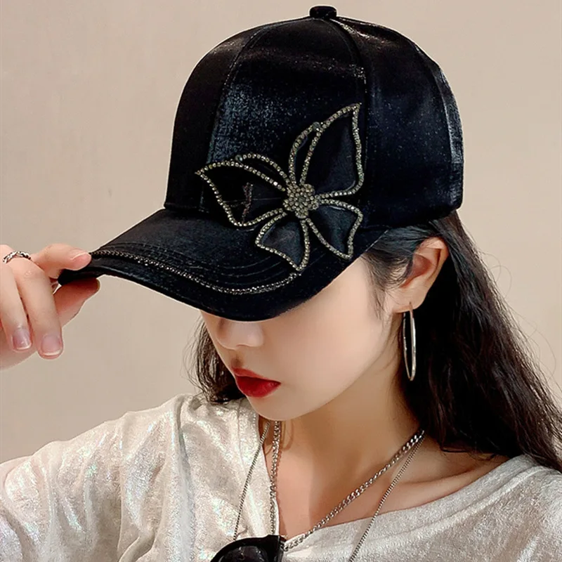 Shiny Rhinestone Butterfly Baseball Cap Women Spring Summer Silk Satin
