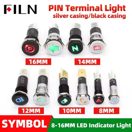 FILN 8/10/12/14/16mm Symbol Metal LED Indicator light 2-Pin 12V 24V Black shell Indicator Lamp Car Dashboard pilot Lights