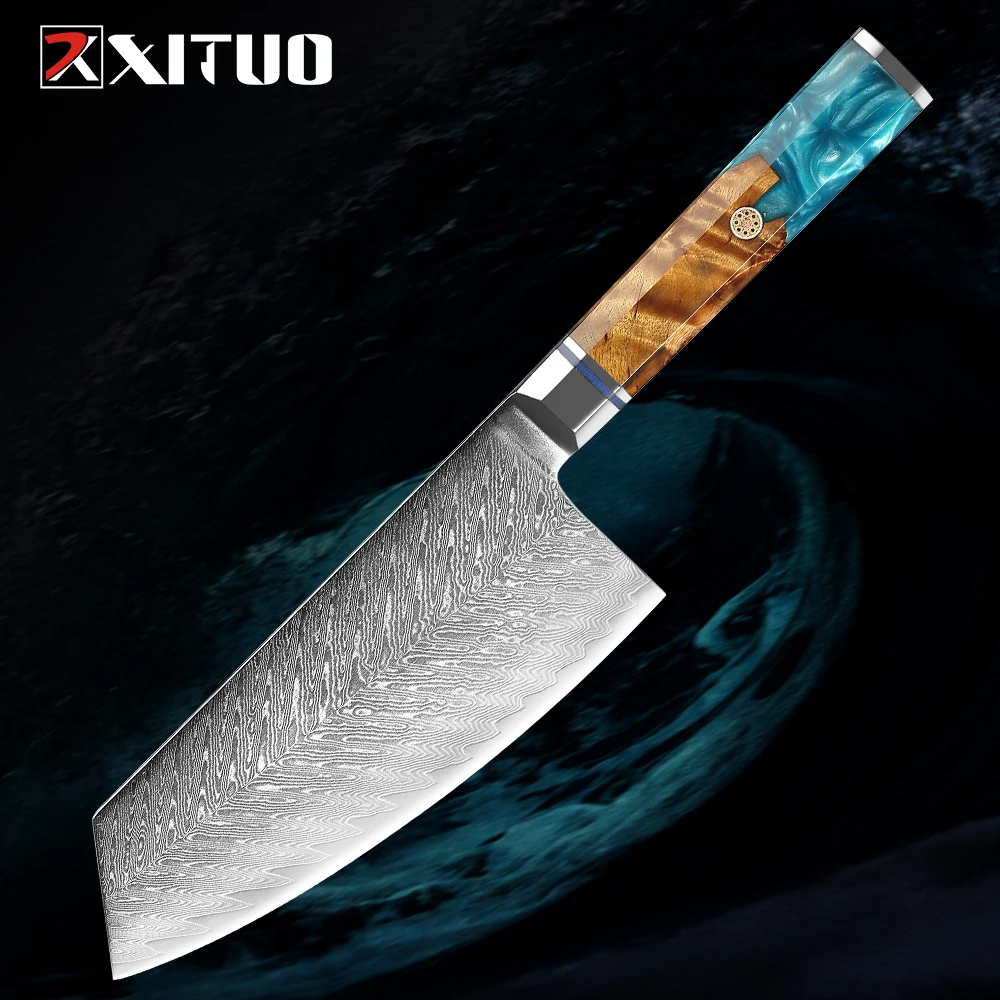 

7in Meat Cleaver Damascus Chef Knife, Japanese VG10 Steel Core Sharp Knife, Multipurpose Kitchen Cooking Vegetable Cutting Knife