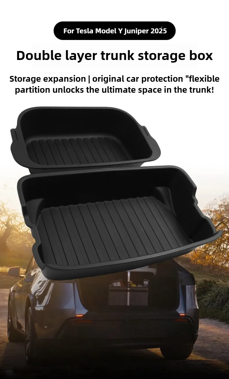 Für Neue Tesla Modell Y Juniper 2025 Starten Organizer Box Hinten Stamm Doppel-deck Lagerung Box Vorne Fracht Staubdicht Gepäck tablett – Detail 1