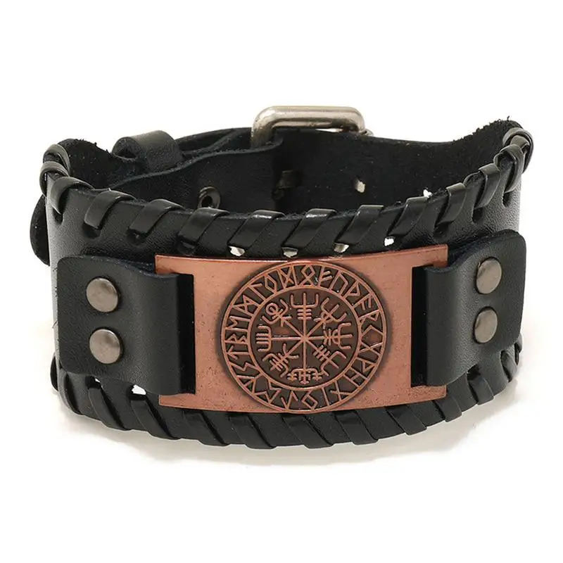 Compass Bracelet Black Brown Wide Leather Wristband Compass Bracelet Ancient Medieval Jewelry Gift For Men