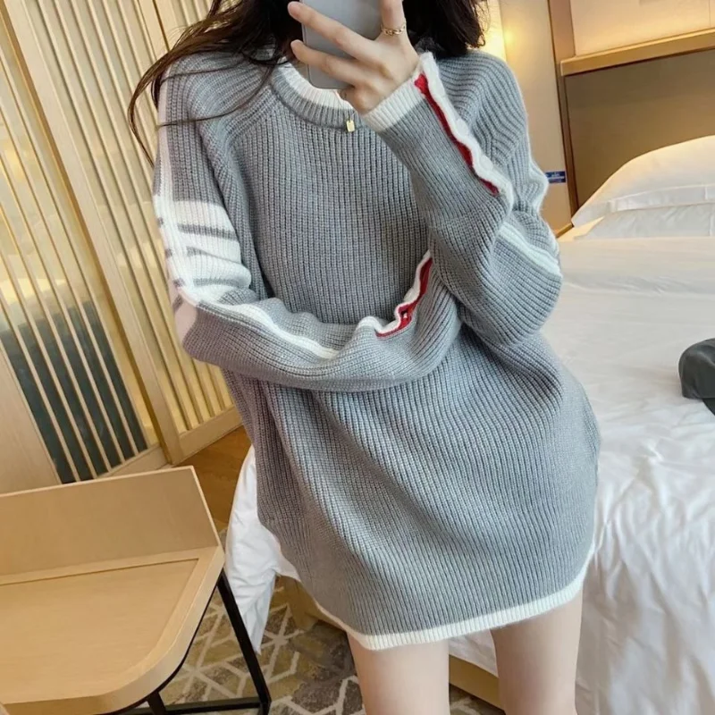 

Wool Pullover Sweater Womens Autumn and Winter Coat Back White Line Minority Foreign Boutique Knitted Sweater Sweaters